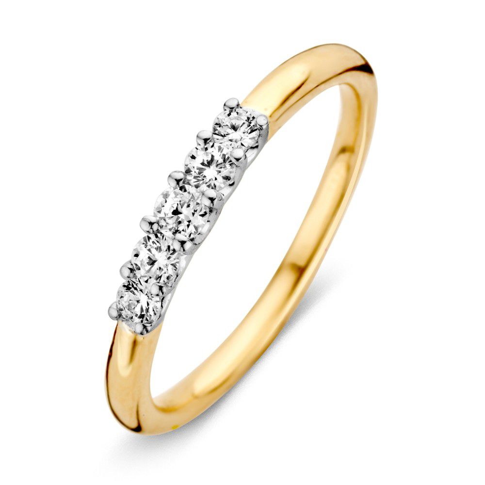 Anello bicolore in oro 14 carati con zircone bianche di 3 mm.