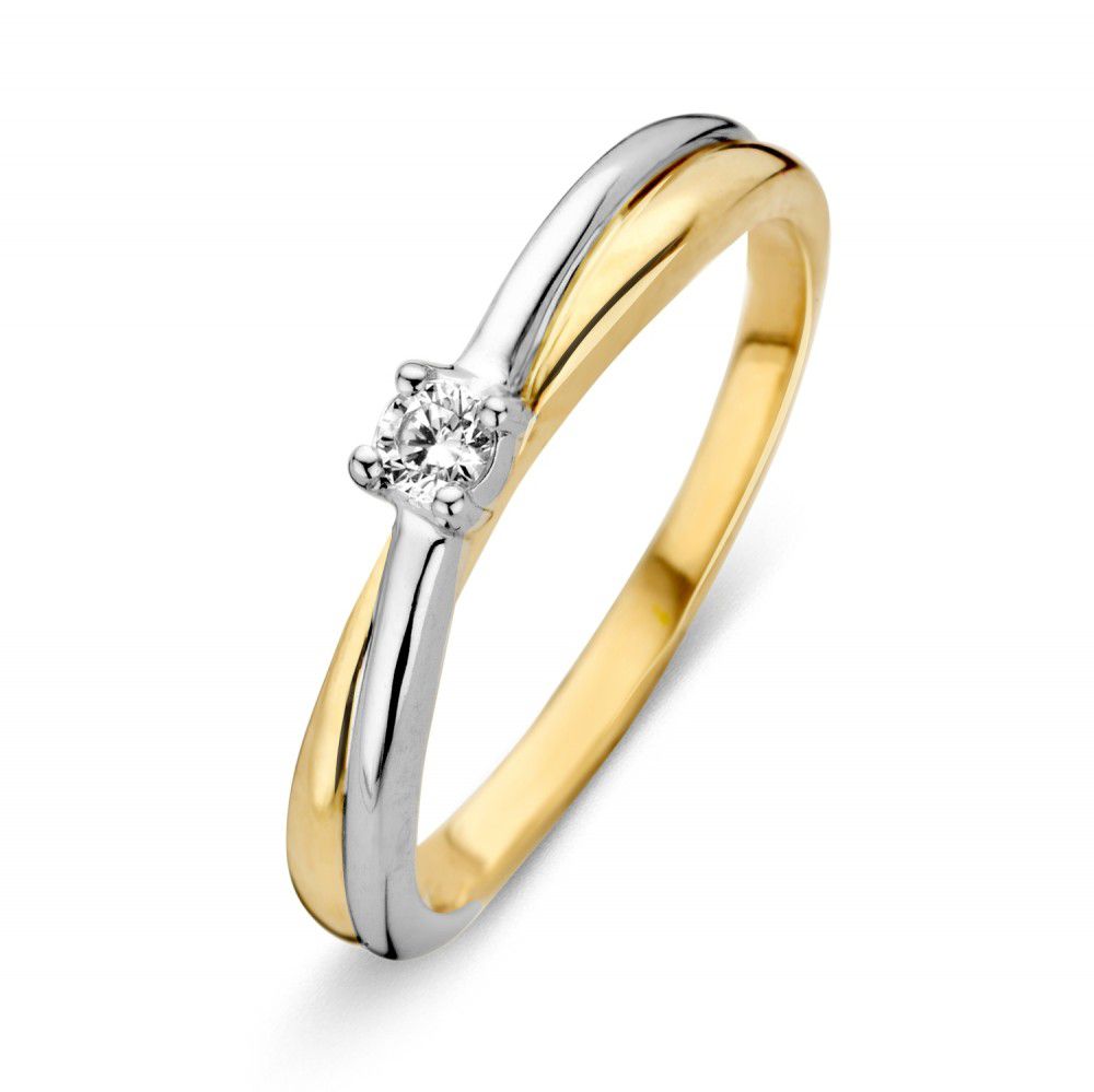 Anello bicolore in oro 14 carati con zirconia bianca, larghezza 3,3 mm.