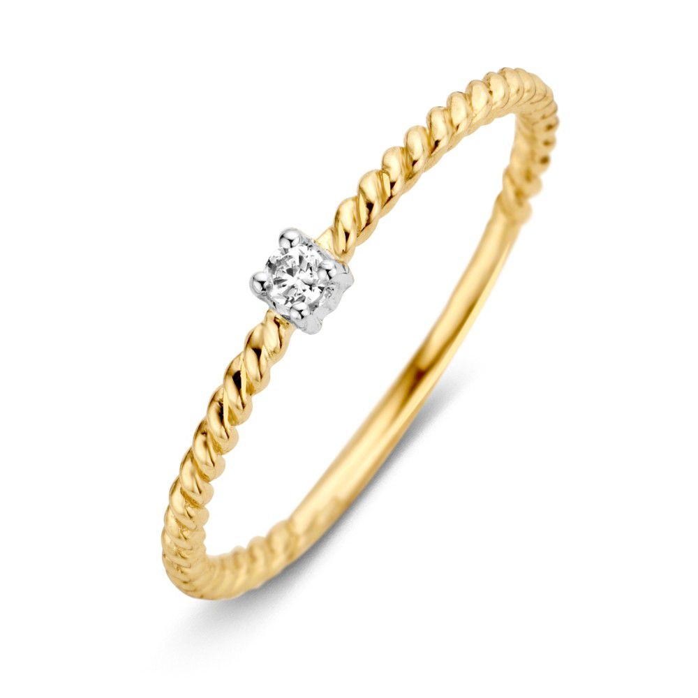 Anello in oro giallo bianco con zirconia, design sottile e cordonato.