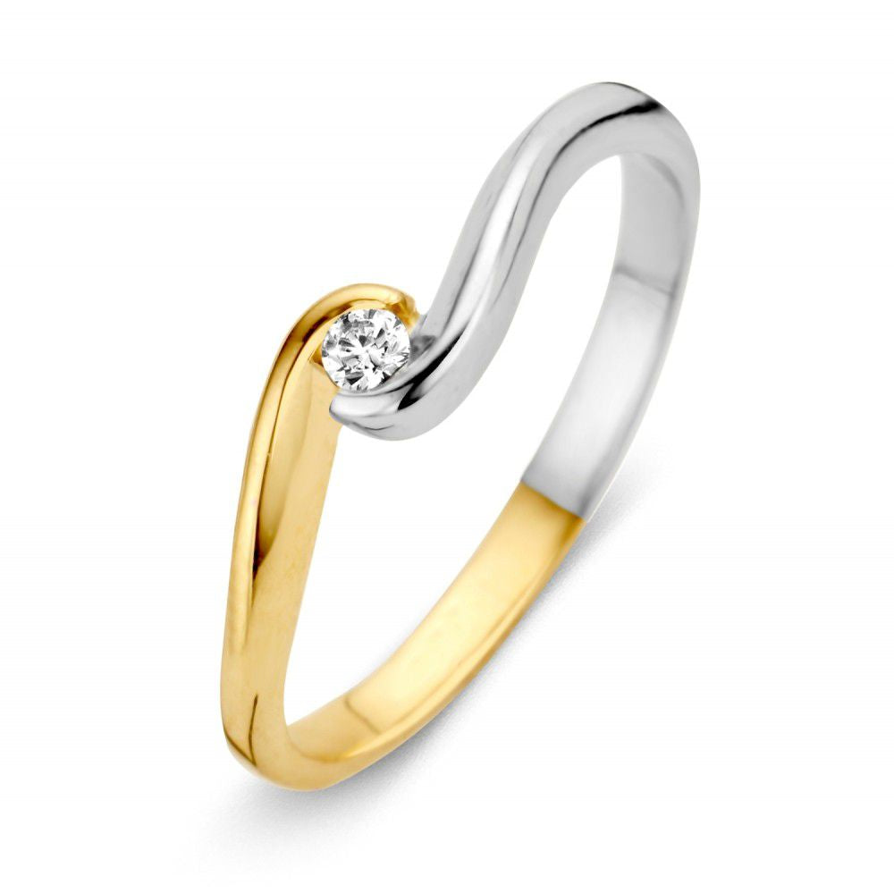 Anello bicolore raffinato in oro 14 carati, con zircone, finitura lucida e forma ondulata.