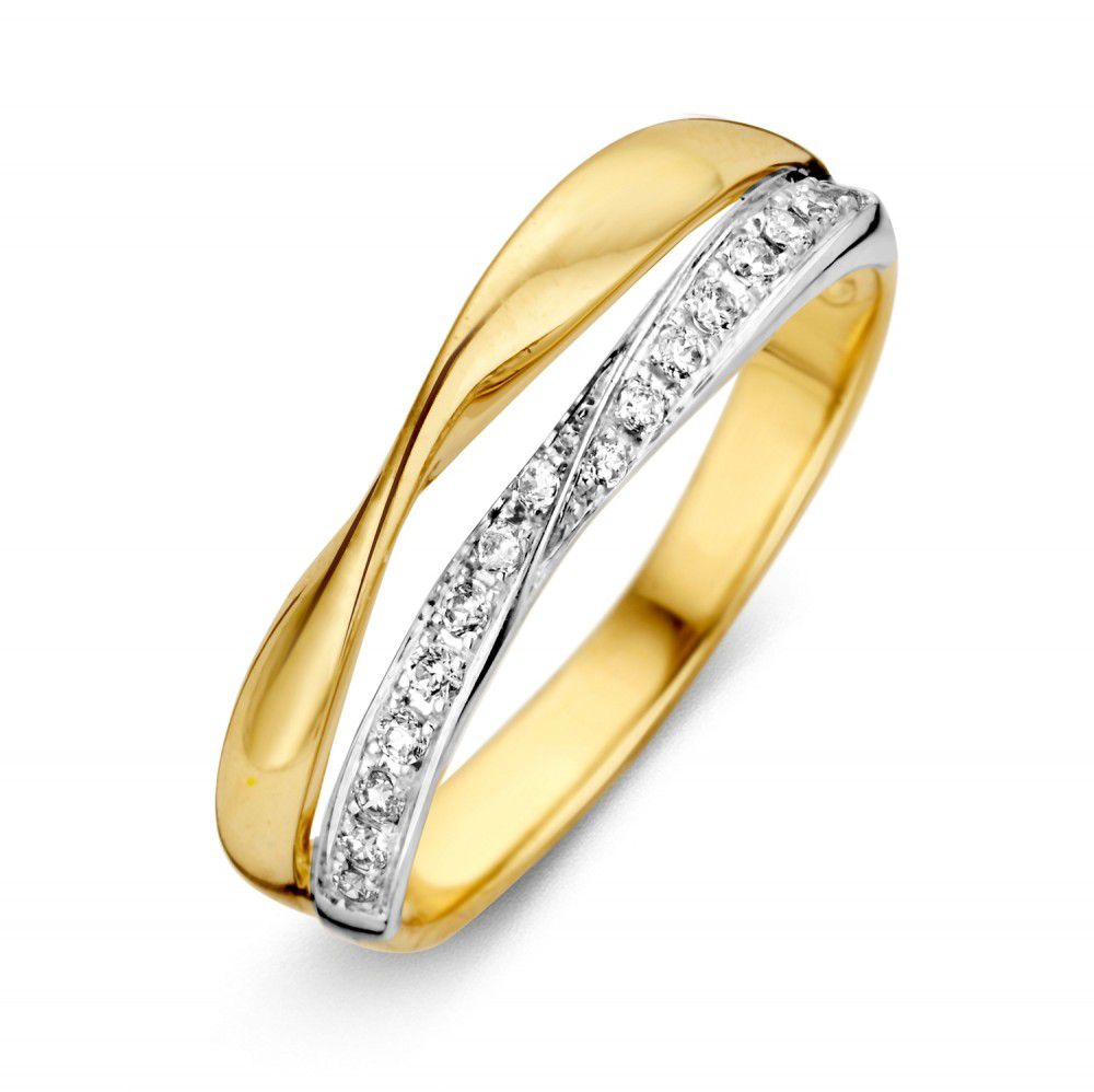 Anello in oro giallo e bianco con zircone, design elegante e sinuoso, 14 carati.