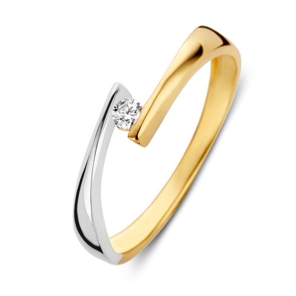 Anello bicolore in oro bianco e giallo con zirconia bianca, 14 carati, larghezza 5 mm.