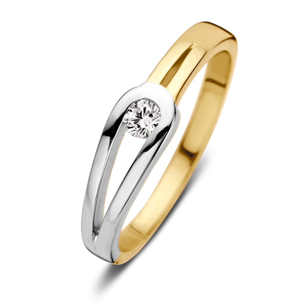 Anello bicolore in oro bianco e giallo con zirconia, 14 carati, larghezza 5,3 mm.
