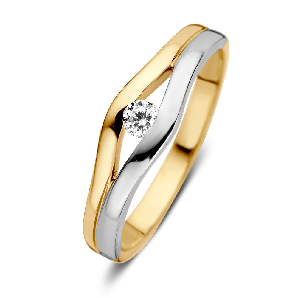 Anello bicolore in oro con zirconi, 14 carati, 6,3 mm, finitura lucida.