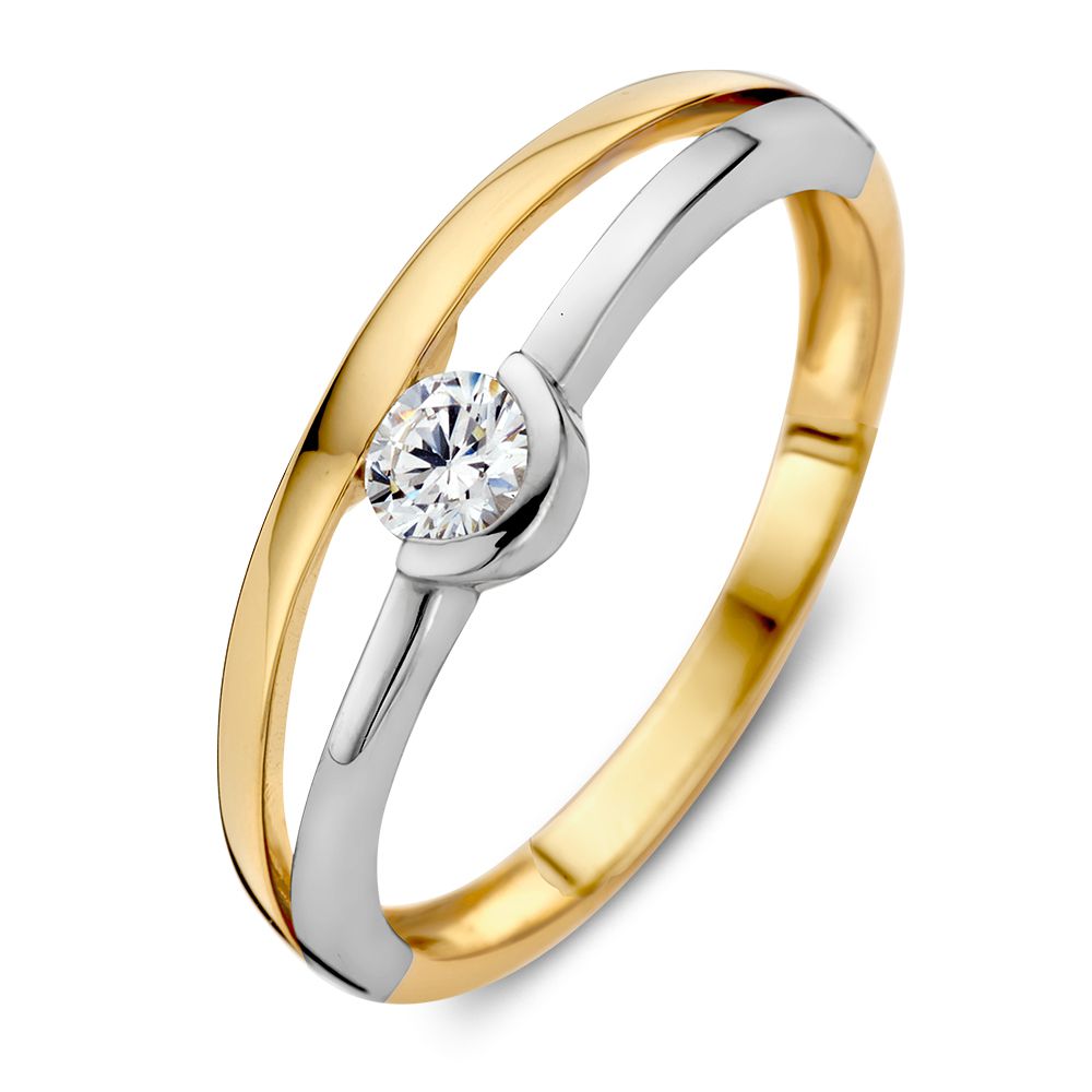 Anello bicolore in oro giallo e bianco con zircone brillante, larghezza di 6 mm.