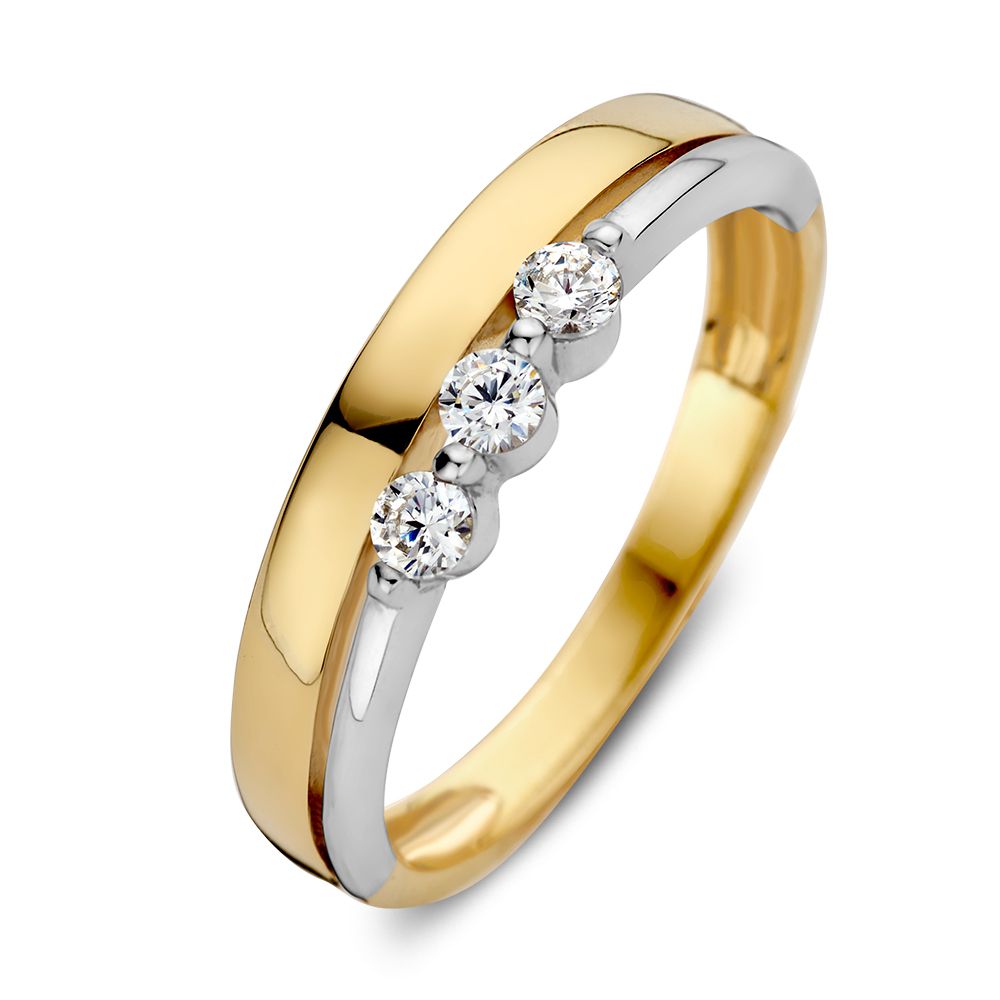 Anello bicolore con zirconi, finitura lucida, tre zirconi incastonati al centro.