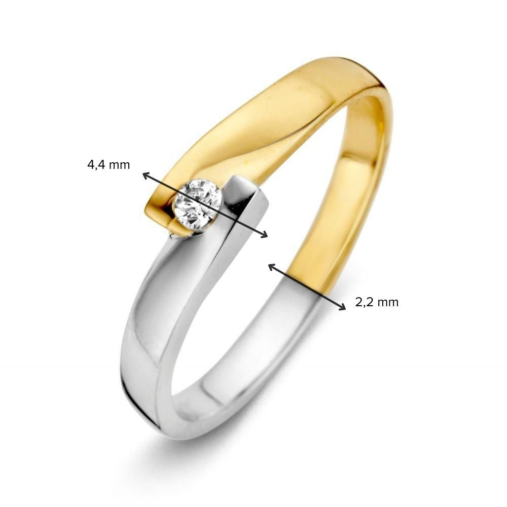 De Elegante Bicolor Damesring van Excellent Jewelry is gemaakt van 14 karaat geel/wit goud (2,7 gram) en heeft een sprankelende zirkoon, perfect voor een elegante tweekleurige uitstraling.