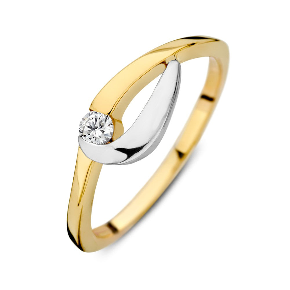 Anello in oro giallo e bianco con zircone, design moderno e forma ondulata.