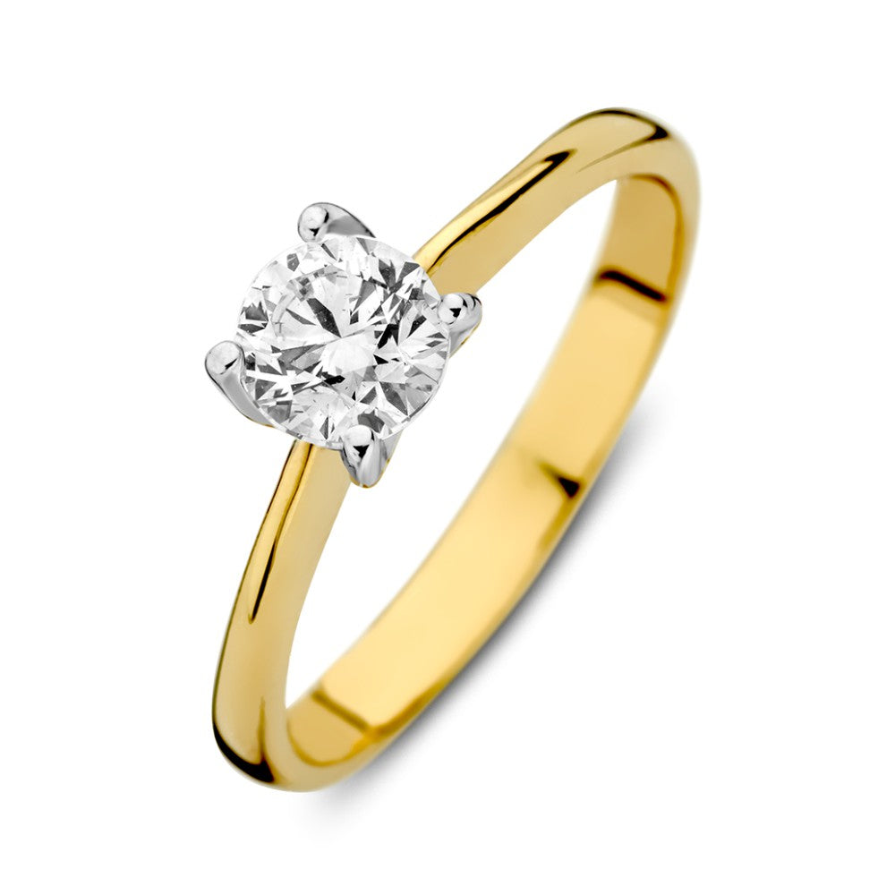 Anello solitario bicolore in oro bianco e giallo con zircone, 14 carati.