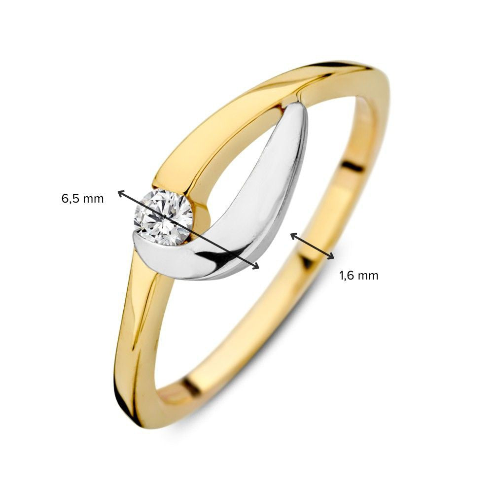 icolor Anello in oro giallo e bianco 14 carati con zirconi, 6,5 mm, Anello da donna