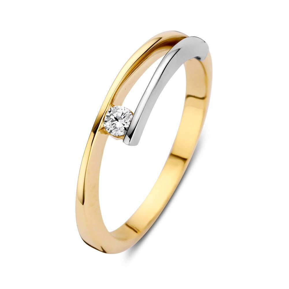 Anello bicolore in oro giallo e bianco con zirconia, larghezza di 5,5 mm.