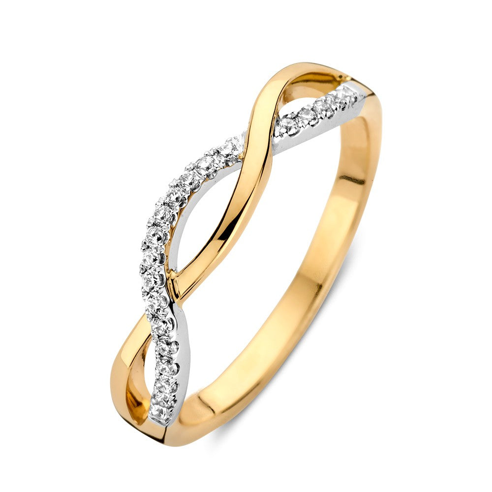 Anello bicolore in oro bianco e giallo con banda intrecciata e zirconi.
