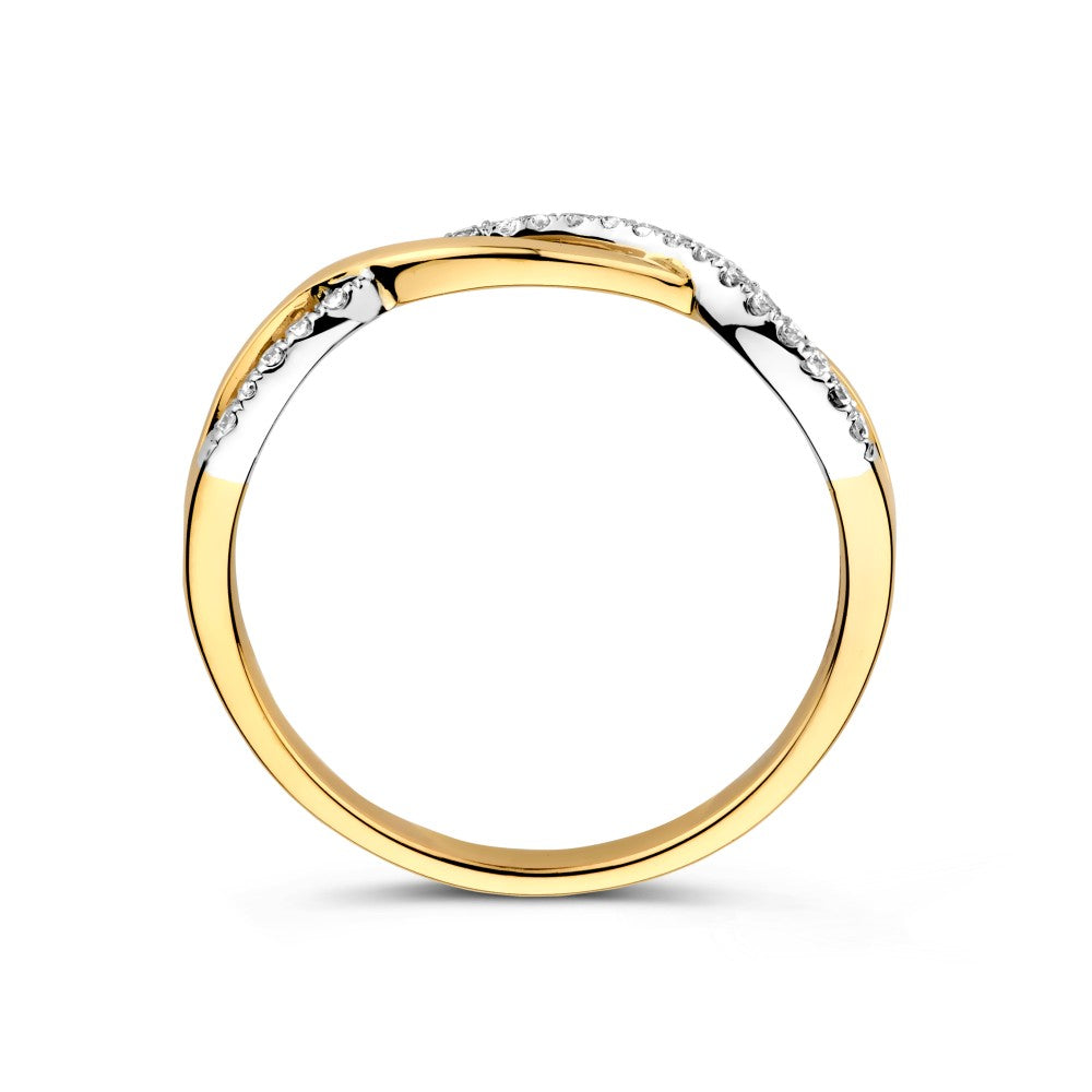 Anello Bicolore in Oro Bianco e Giallo con Fascia Intrecciata e Zirconi