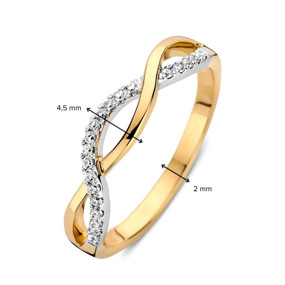 Anello Bicolore in Oro Bianco e Giallo con Fascia Intrecciata e Zirconi