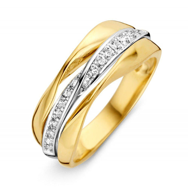 Brede Bicolor Damesring met Zirkonia – Luxe 14 Karaat Geel/Wit Goud