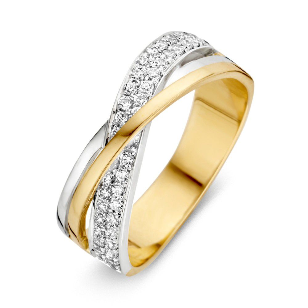 Anello bicolore in oro 14 carati con zircone bianche, larghezza 7,3 mm.