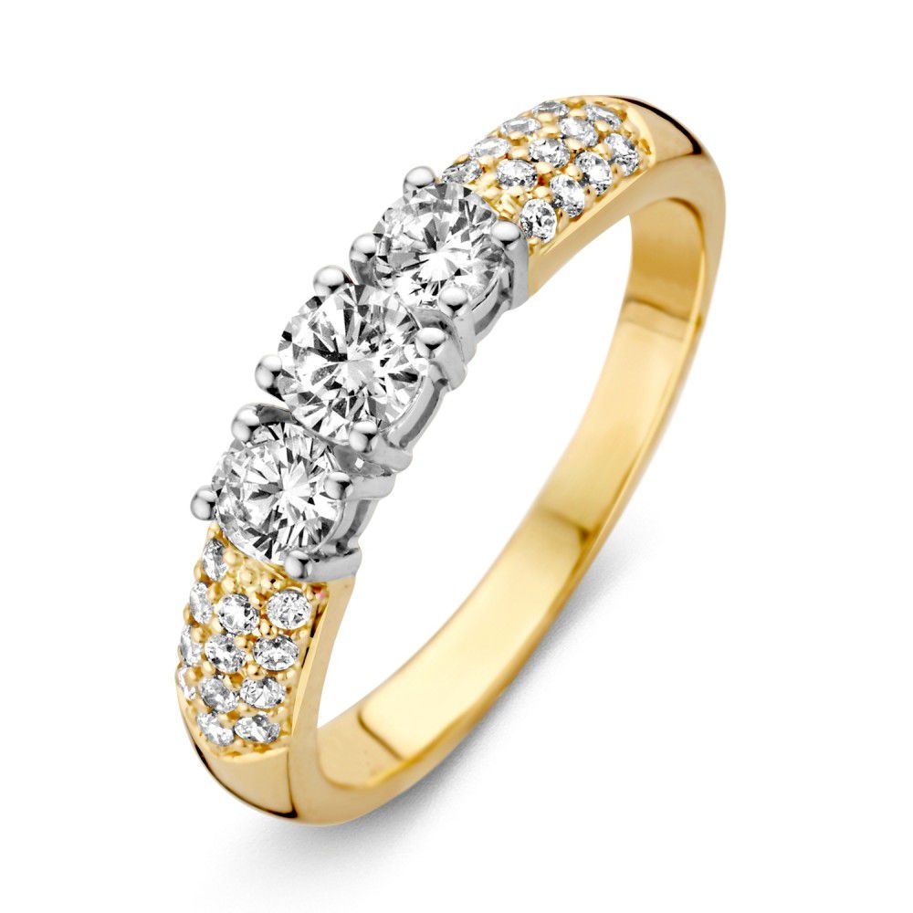 Anello bicolore in oro 14 carati con zirconi bianchi di 4,3 mm.