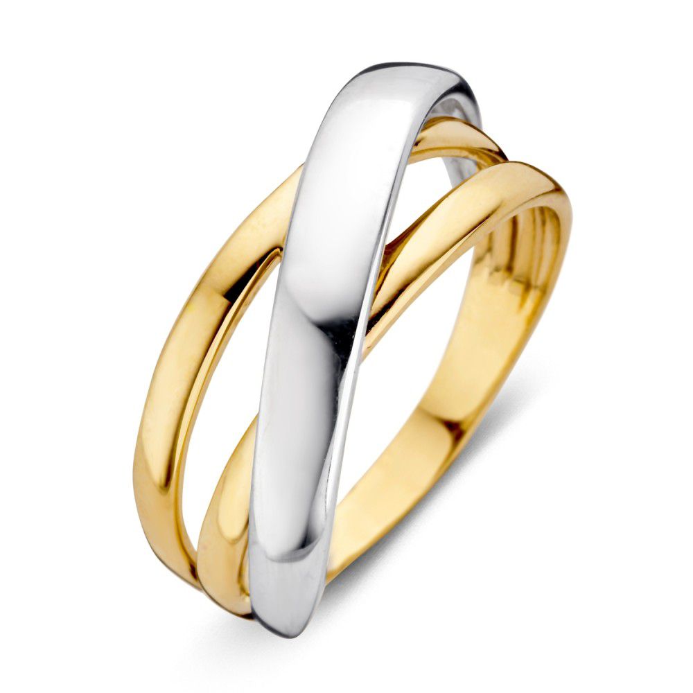 Anello da donna bicolore in oro 14 carati con design intrecciato e finitura lucida.