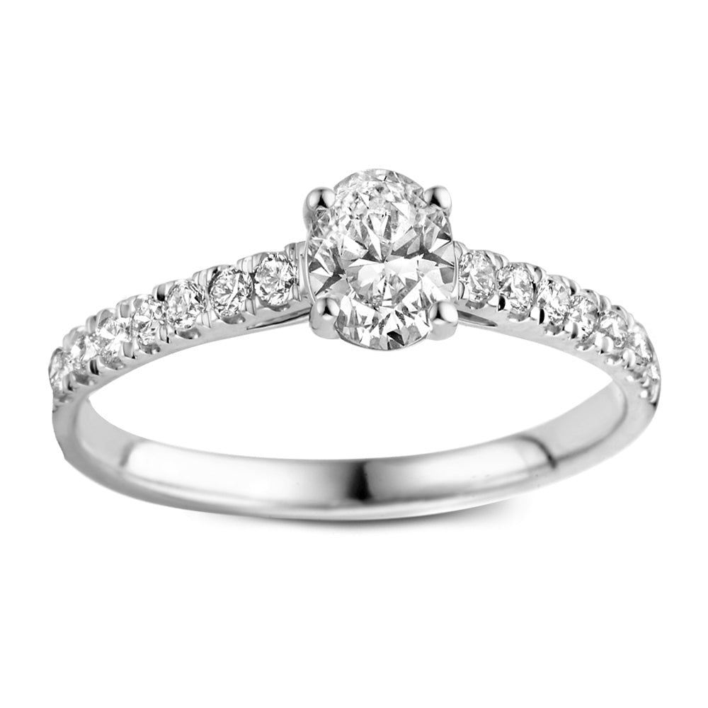 Anello in oro bianco con diamante centrale e pavé di diamanti.