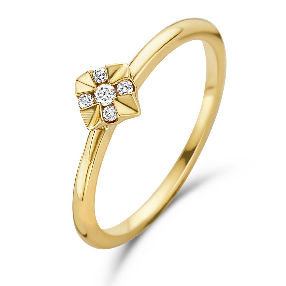 Anello in oro giallo con brillante da 0,05 ct e design a croce.