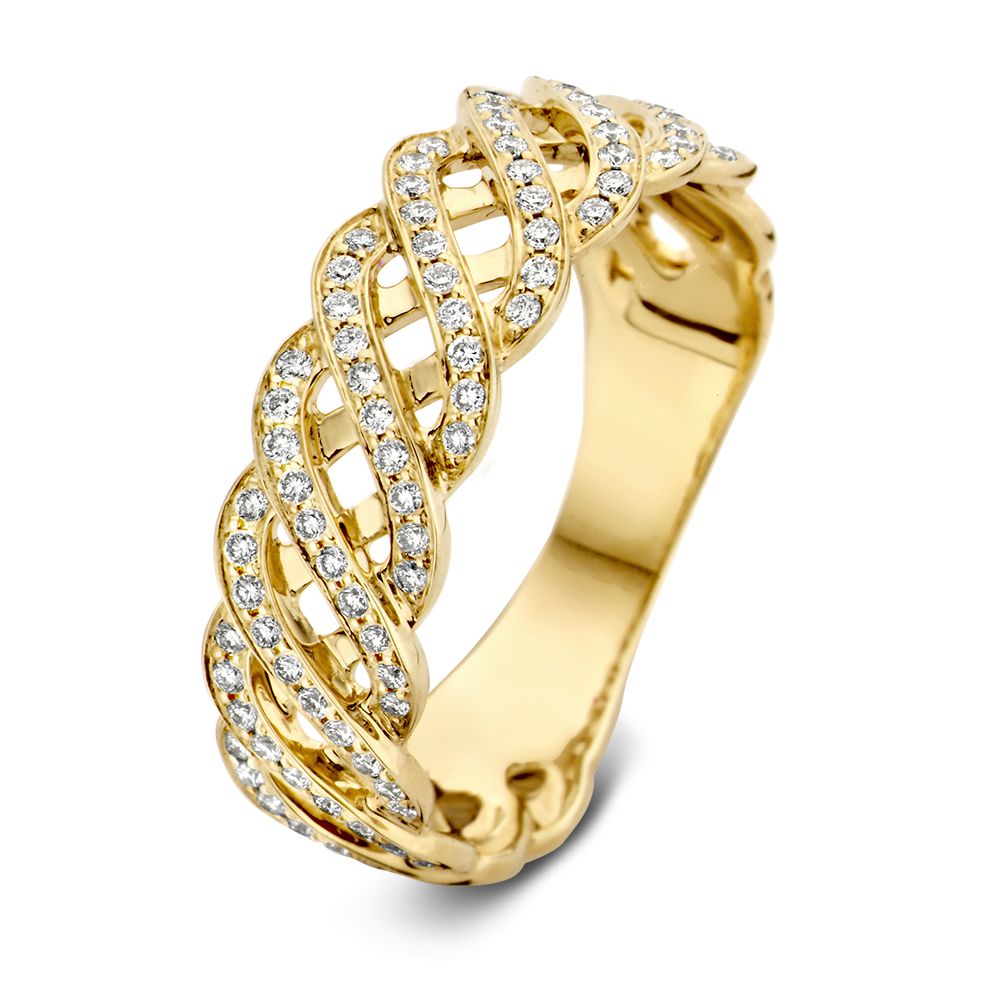 Anello in oro giallo con diamanti brillanti da 0,35 ct, design intrecciato raffinato.