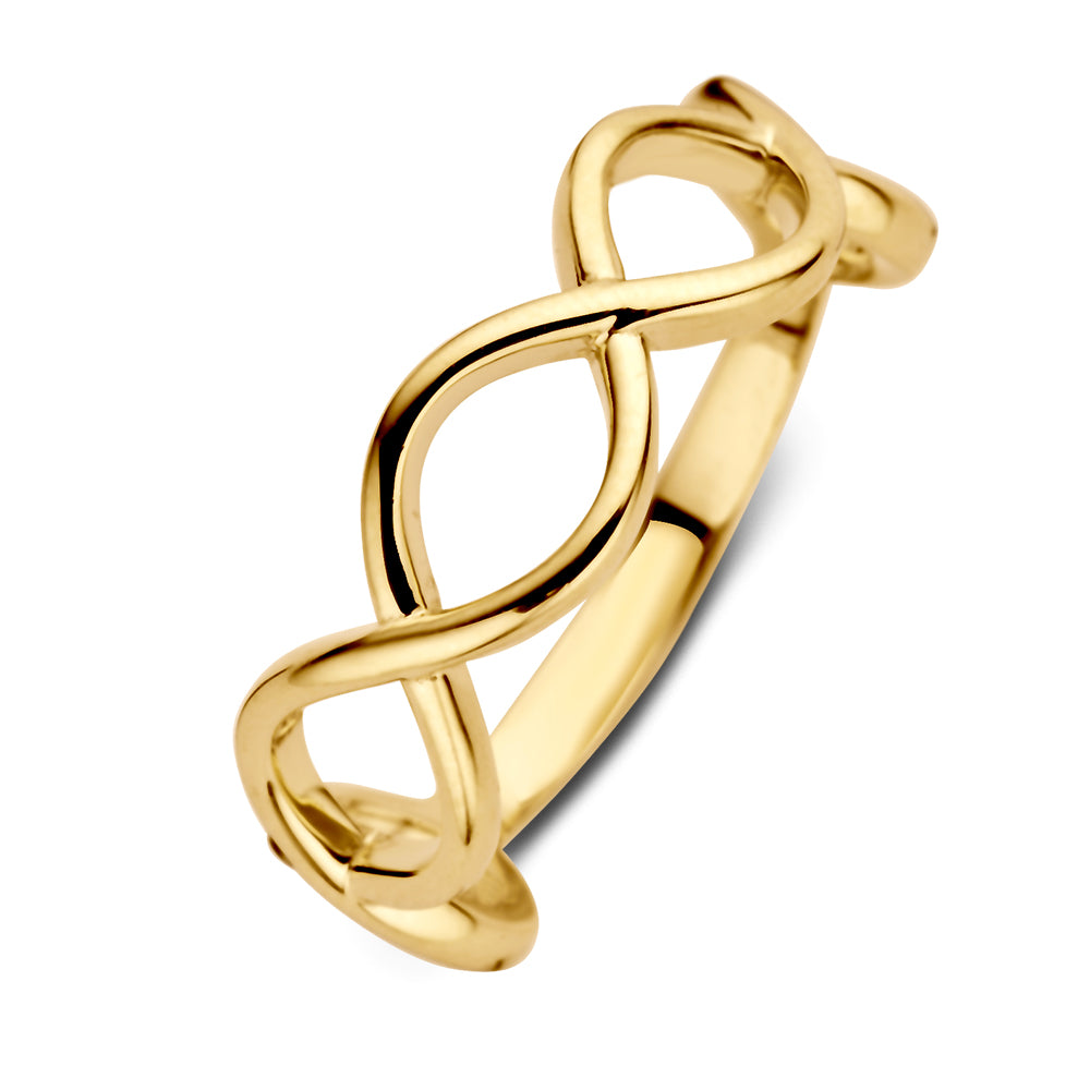 Anello da donna in oro giallo 14 carati con design intrecciato e linee pulite.