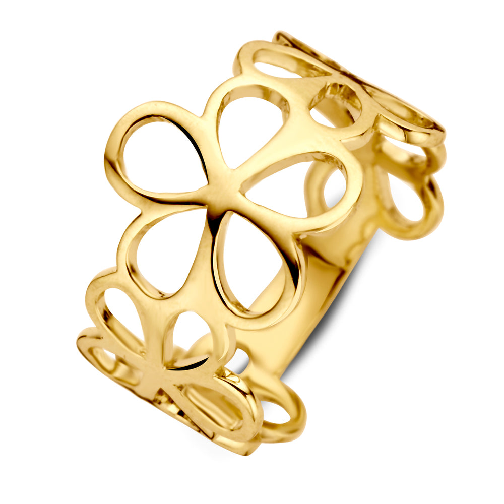 Anello da donna in oro giallo con motivo floreale aperto, realizzato in oro 14 carati.