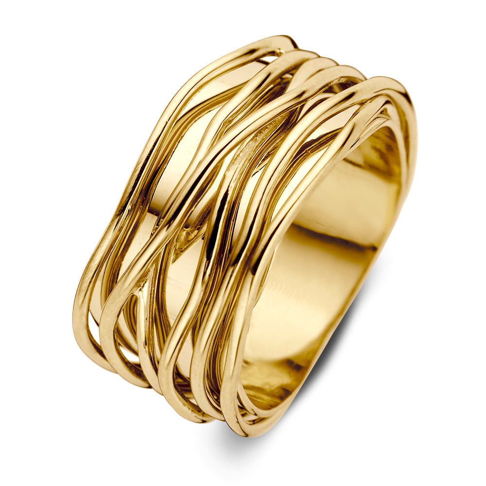 Anello da donna in oro giallo 14 carati, largo, con linee intrecciate e giocose.