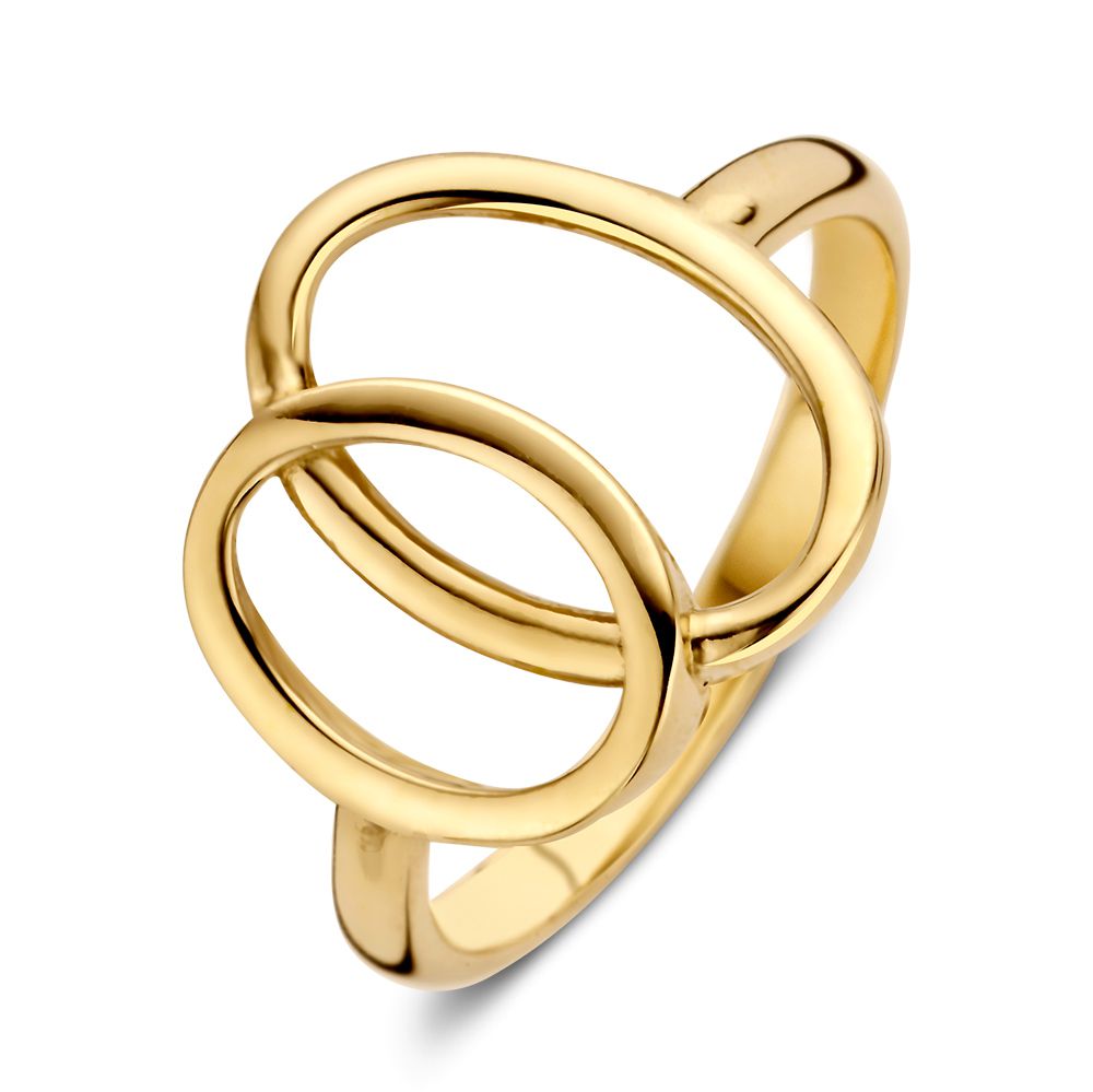 Anello da donna in oro giallo 14 carati con design giocoso e forme intrecciate.