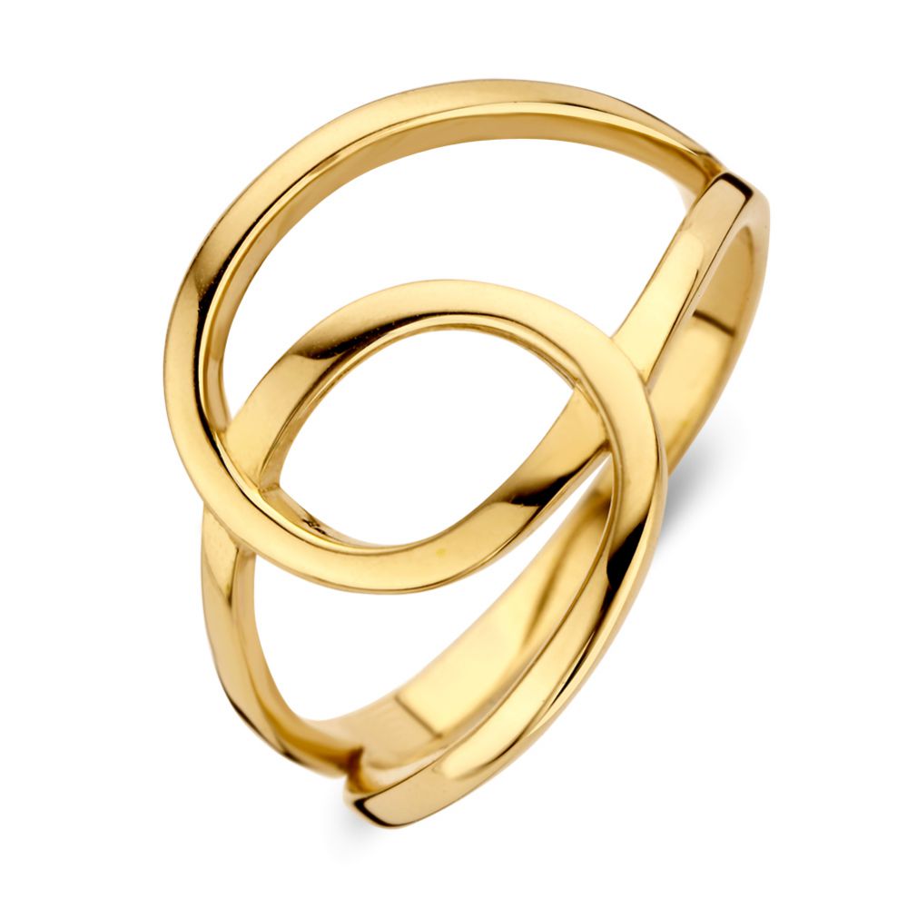 Anello da donna in oro giallo 14 carati con design moderno e linee intrecciate.