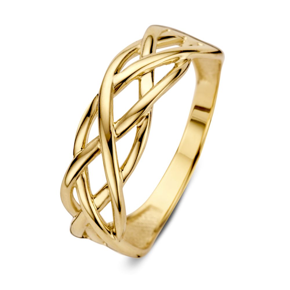 Anello da donna in oro giallo 14 carati con design intrecciato semplice ed elegante.