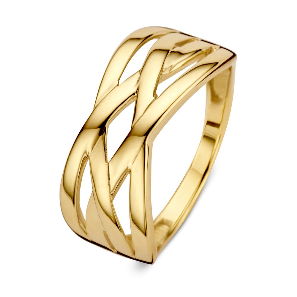 Anello da donna in oro giallo 14 carati con design intrecciato e finitura lucida.