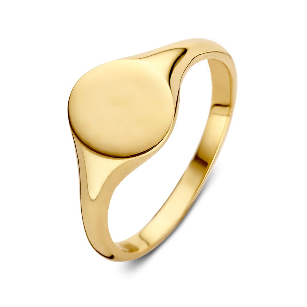 Anello da donna in oro giallo 14 carati con design semplice e superficie liscia.