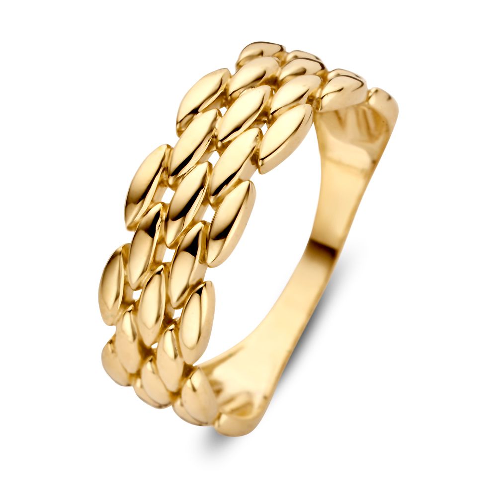 Anello in oro giallo 14 carati con motivo a catena, design elegante e senza tempo.