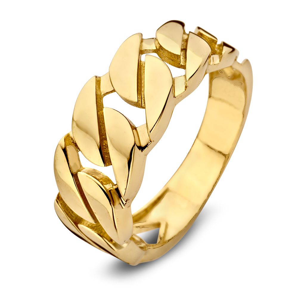 Anello in oro giallo con maglie gourmette, realizzato in oro 14 carati.
