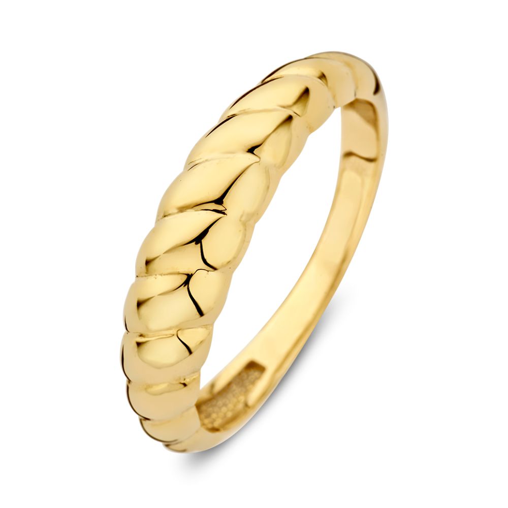 Anello in oro giallo 14 carati con design a croissant intrecciato.