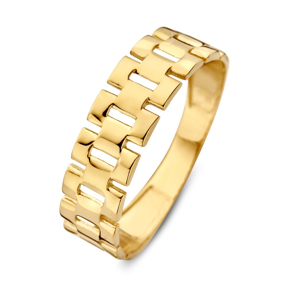 Anello in oro giallo con maglia rolò, realizzato in oro 14 carati, finitura lucida.