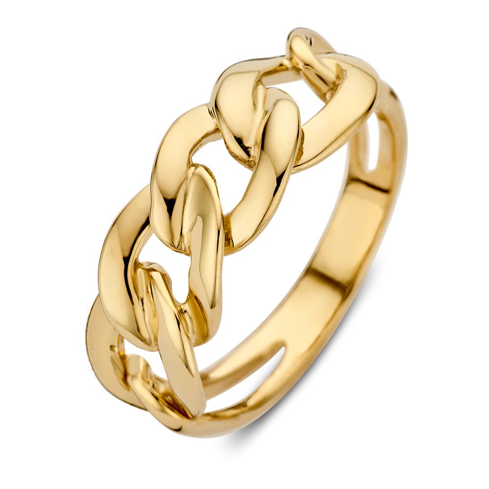 Anello in oro giallo con maglie a gourmet, design elegante e lussuoso.