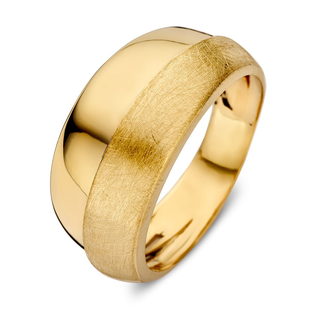Anello in oro giallo 14 carati, design opaco e lucido, larghezza 10 mm, senza pietre preziose.