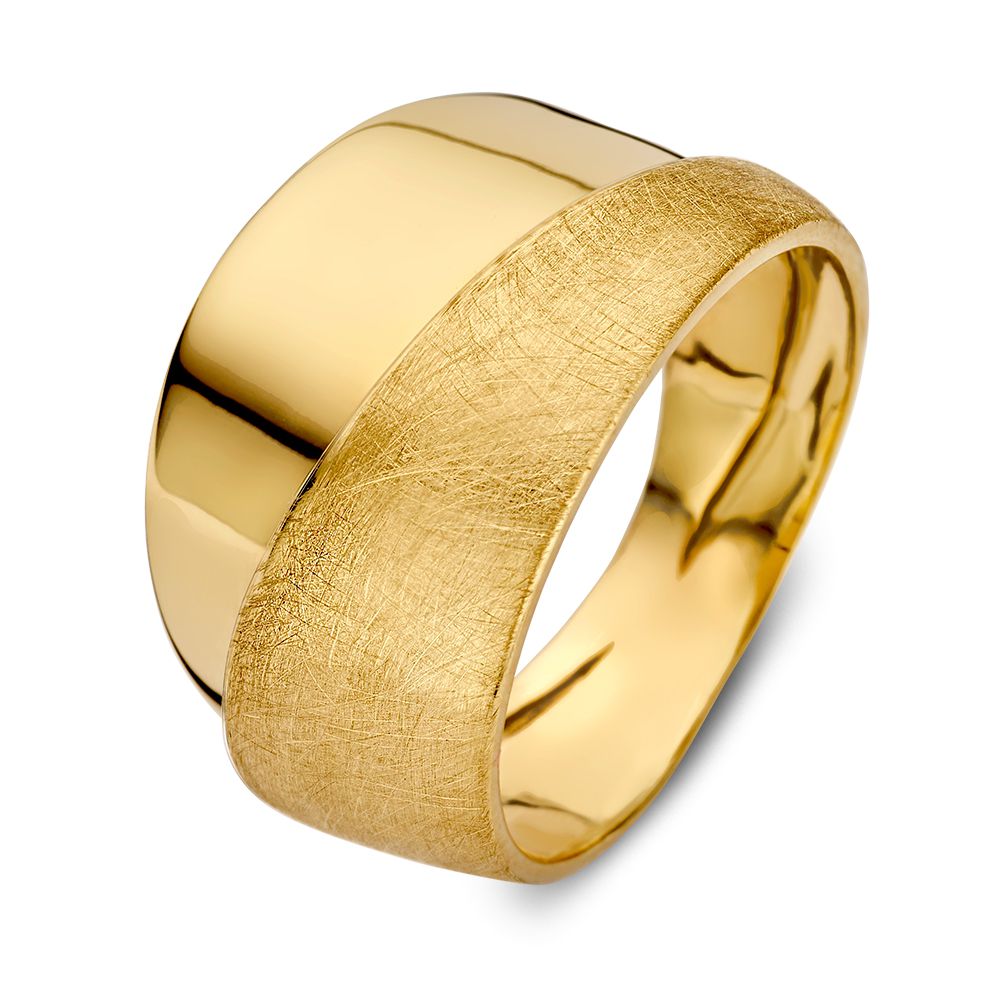 Anello in oro giallo 14 carati con bande contrastanti, finitura lucida e opaca.