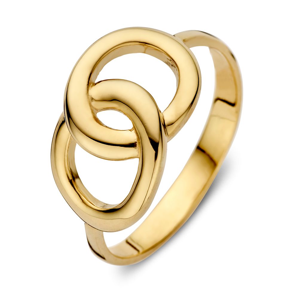 Anello in oro giallo con anelli intrecciati, design minimalista elegante.