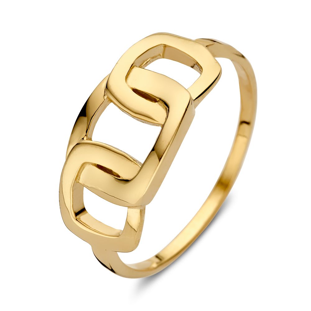 Anello in oro giallo 14 carati con design moderno e elementi quadrati.