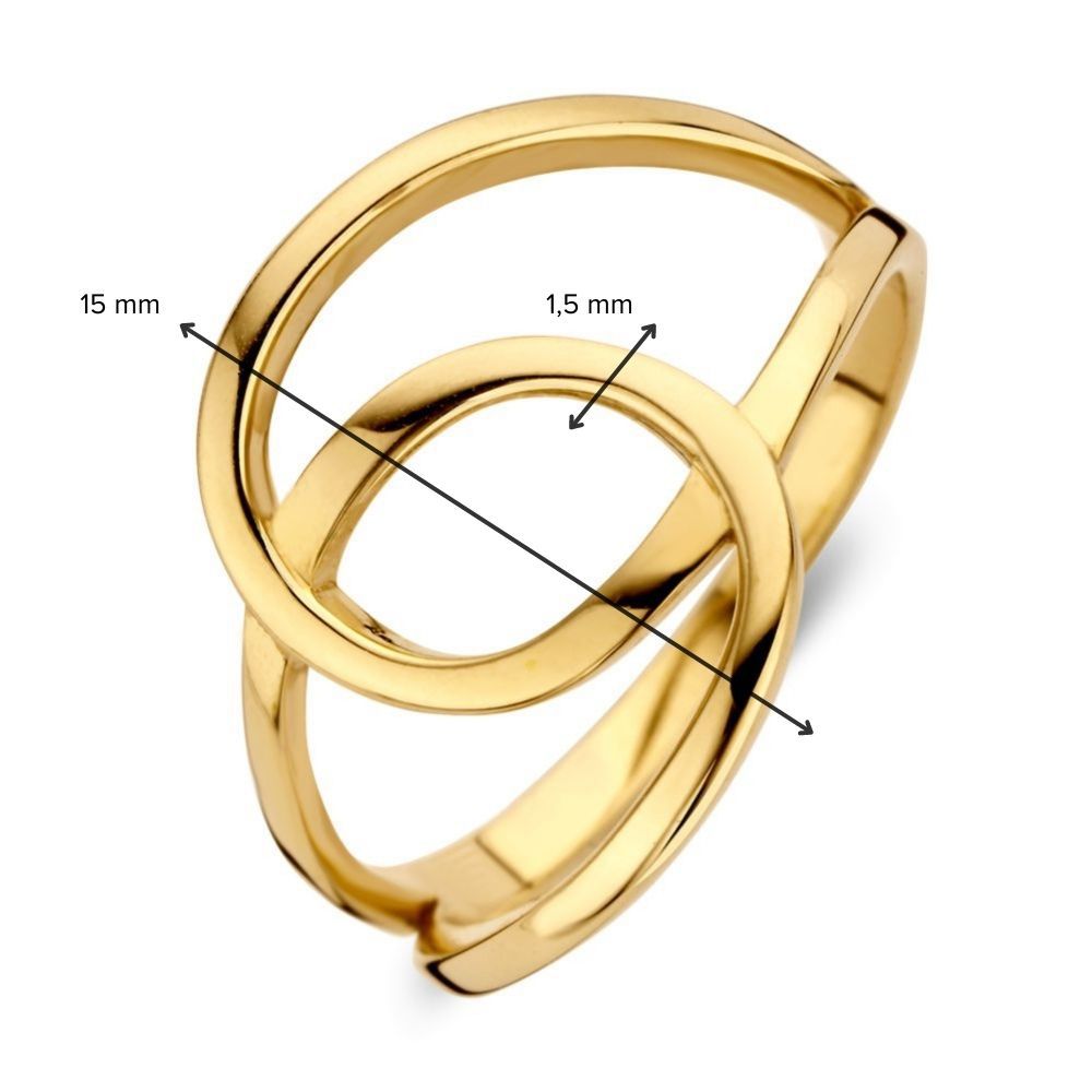 De Geelgouden Damesring van Excellent Jewelry is gemaakt van 14 karaat goud, heeft een strak, abstract open ontwerp en meet 15 mm op het breedste punt en 1,5 mm bij de smalle band. De ring is gefotografeerd tegen een witte achtergrond.