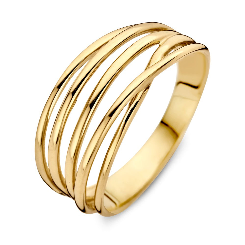 Anello in oro giallo 14 carati con design a bande sovrapposte.