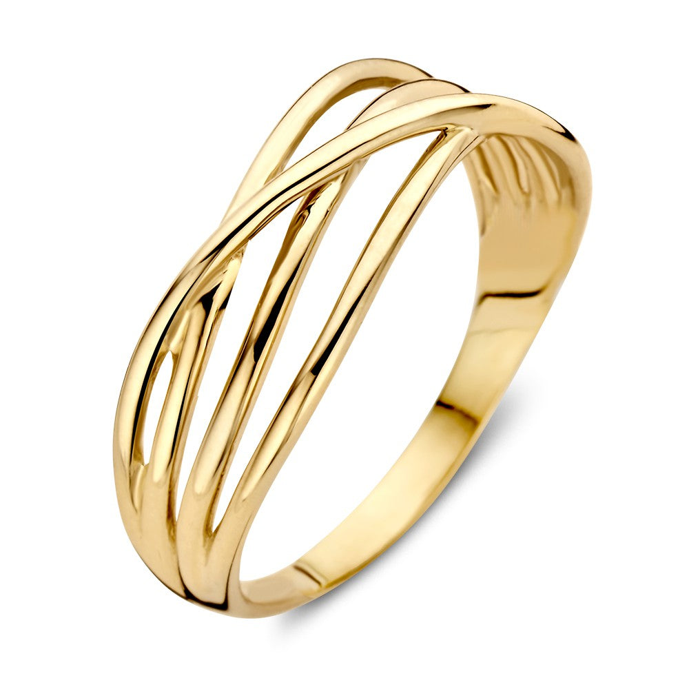 Anello da donna in oro giallo 14 carati, design senza tempo, larghezza 7,7 mm.