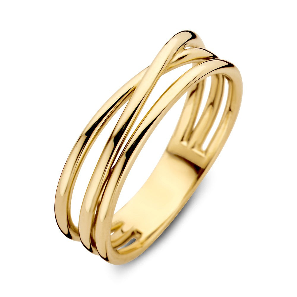 Anello da donna in oro giallo con tre bande sovrapposte, larghezza di 5,6 mm.