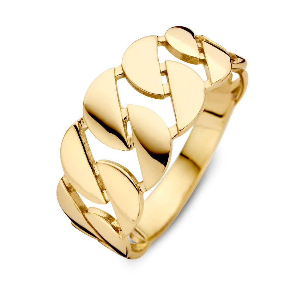 Anello in oro giallo 14kt, largo 9,4 mm, con maglie piatte e lucide.