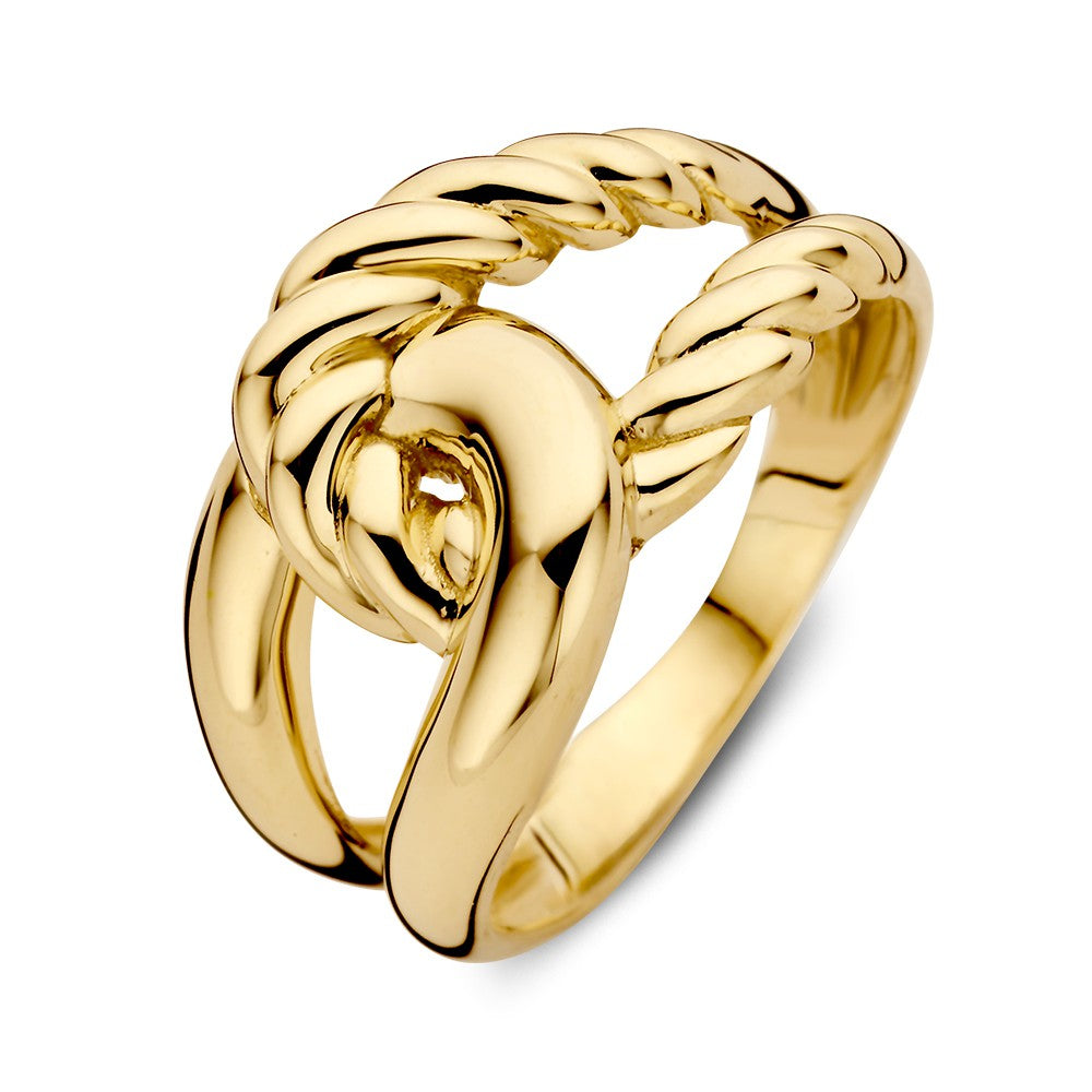 Anello in oro giallo con nodo intrecciato, larghezza di 12 mm e peso di 3,4 grammi.