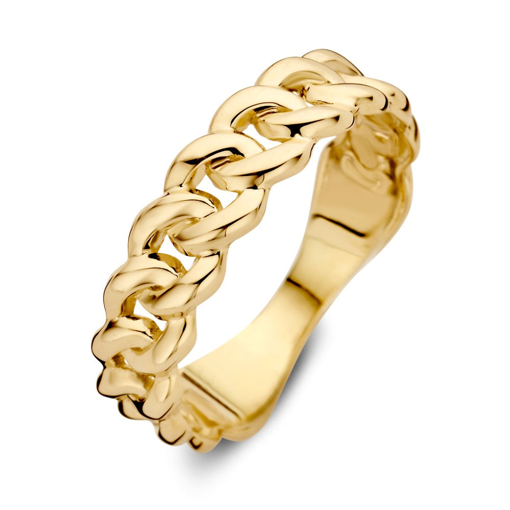 De Excellent Jewelry Geelgouden Schakelring is een damesring vervaardigd uit 14kt goud, met een 5,3 mm breed geweven schakelontwerp, een gepolijste afwerking en weegt 2,2 gram.