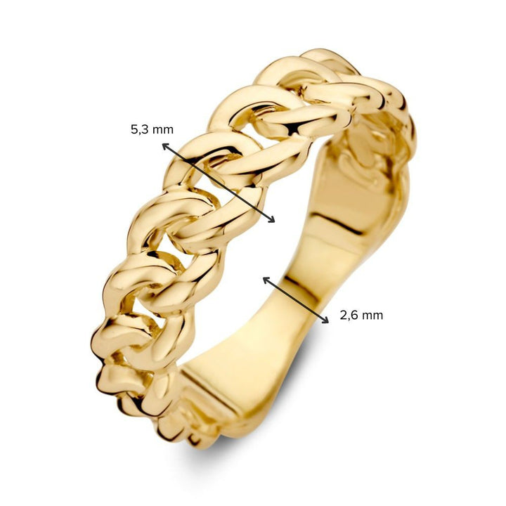 De Geelgouden Schakelring van Excellent Jewelry is gemaakt van 14 karaat goud, heeft een schakelring design en is 5,3 mm breed bij de schakels. Het gewicht bedraagt 2,2 gram.